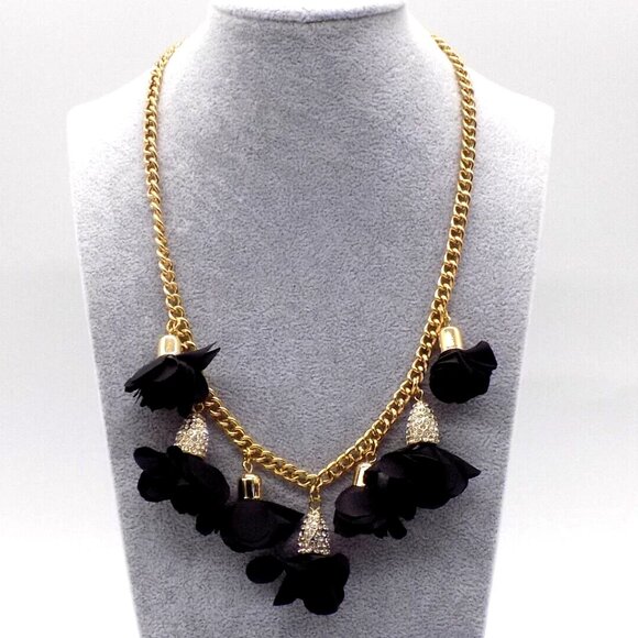 INC Frontal Necklace Gold-tone Shaky Black Fabric Flower & White Crystals - Picture 1 of 3